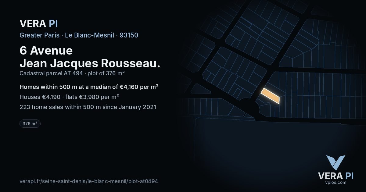 6 Avenue Jean Jacques Rousseau, Le Blanc-Mesnil at night – the plot lit, the parcels around coloured by the prices near them