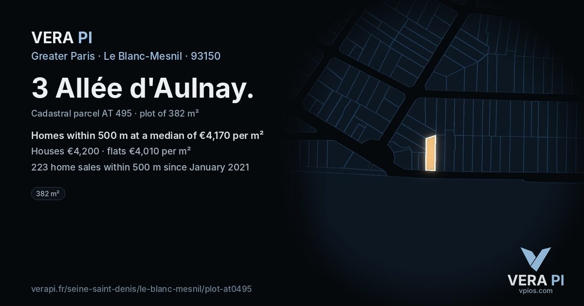 3 Allée d'Aulnay, Le Blanc-Mesnil at night – the plot lit, the parcels around coloured by the prices near them