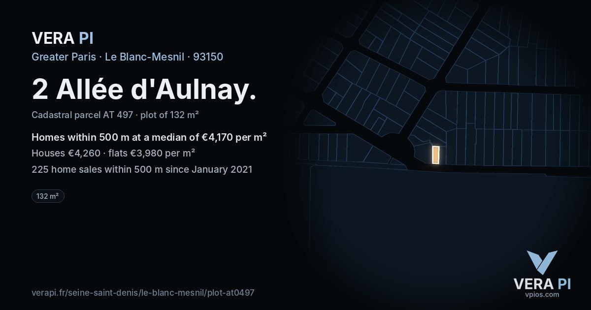 2 Allée d'Aulnay, Le Blanc-Mesnil at night – the plot lit, the parcels around coloured by the prices near them