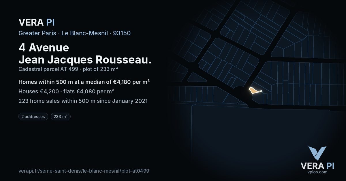 4 Avenue Jean Jacques Rousseau, Le Blanc-Mesnil at night – the plot lit, the parcels around coloured by the prices near them
