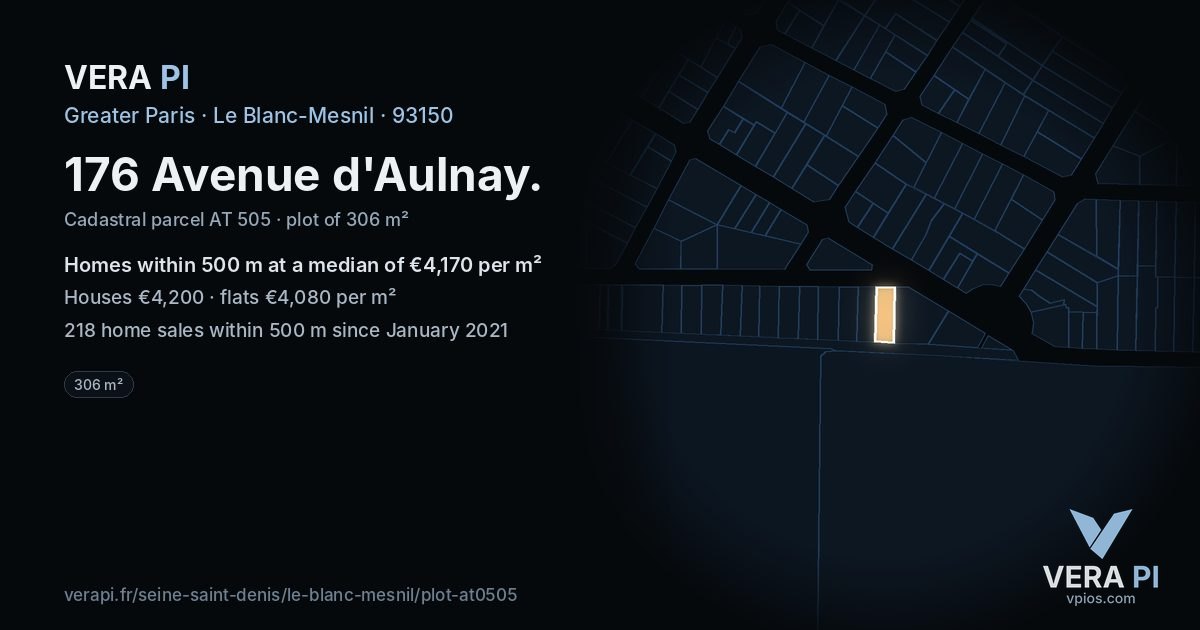 176 Avenue d'Aulnay, Le Blanc-Mesnil at night – the plot lit, the parcels around coloured by the prices near them