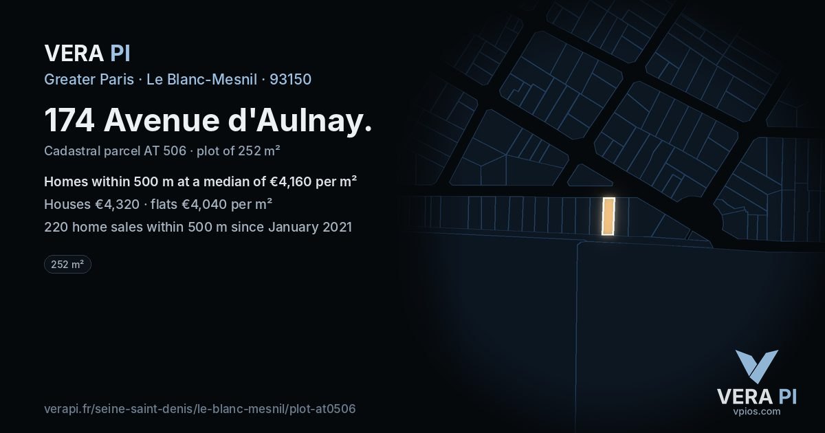 174 Avenue d'Aulnay, Le Blanc-Mesnil at night – the plot lit, the parcels around coloured by the prices near them