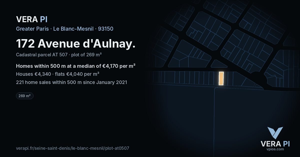 172 Avenue d'Aulnay, Le Blanc-Mesnil at night – the plot lit, the parcels around coloured by the prices near them