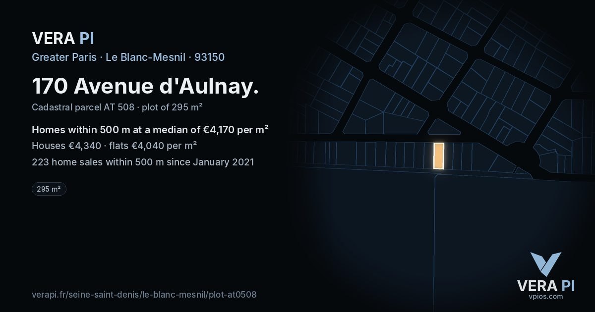 170 Avenue d'Aulnay, Le Blanc-Mesnil at night – the plot lit, the parcels around coloured by the prices near them
