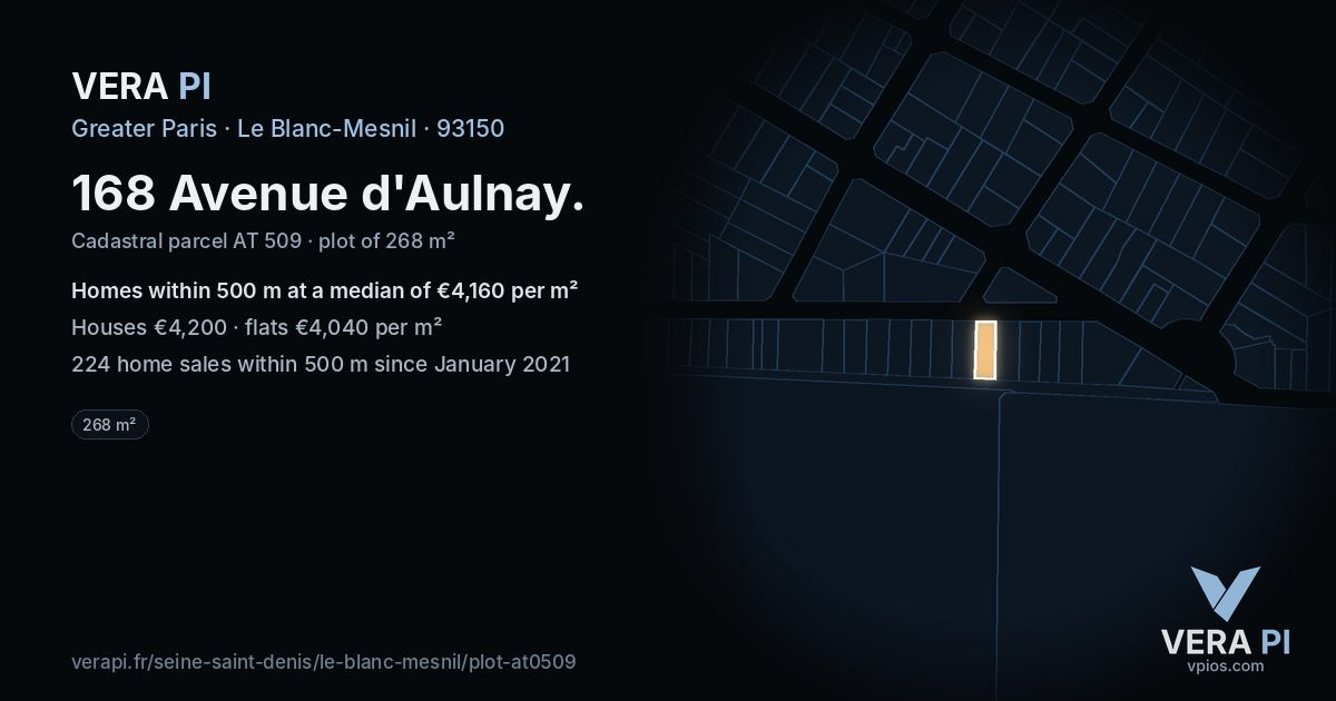 168 Avenue d'Aulnay, Le Blanc-Mesnil at night – the plot lit, the parcels around coloured by the prices near them