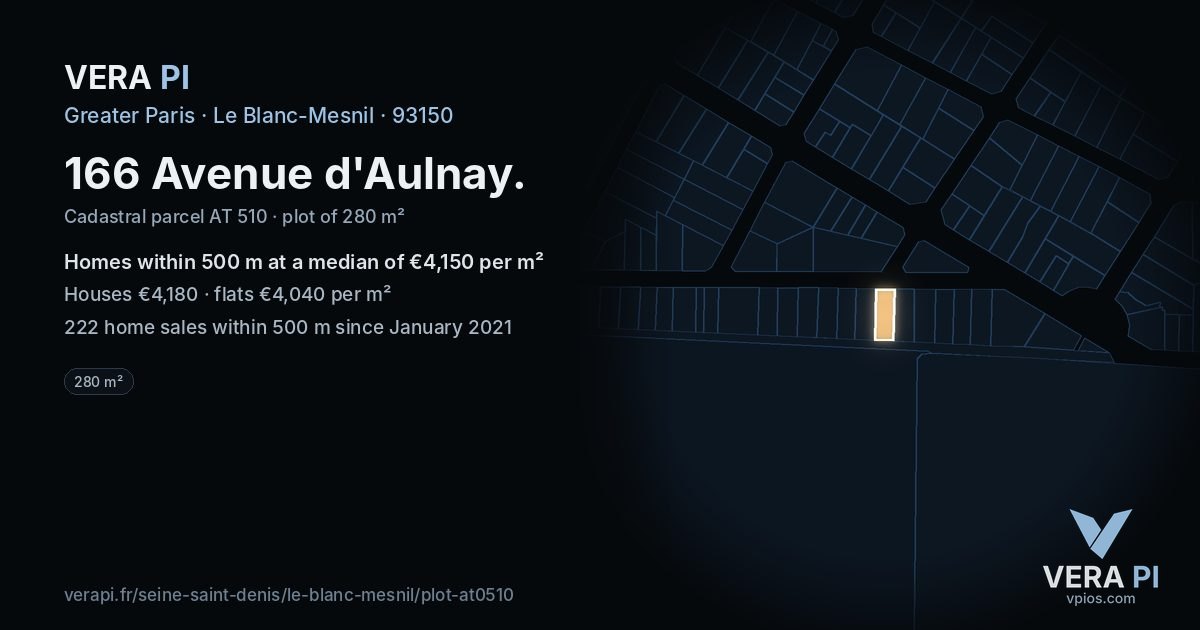 166 Avenue d'Aulnay, Le Blanc-Mesnil at night – the plot lit, the parcels around coloured by the prices near them