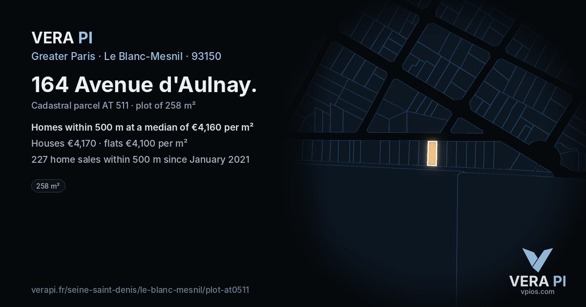 164 Avenue d'Aulnay, Le Blanc-Mesnil at night – the plot lit, the parcels around coloured by the prices near them