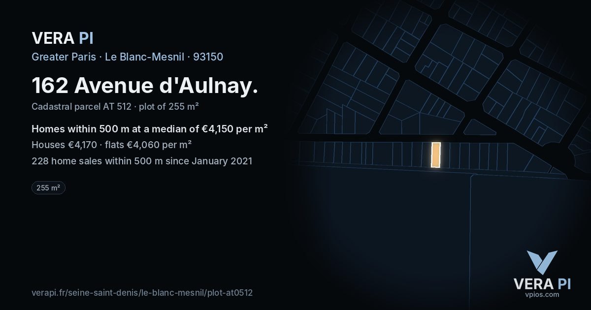 162 Avenue d'Aulnay, Le Blanc-Mesnil at night – the plot lit, the parcels around coloured by the prices near them