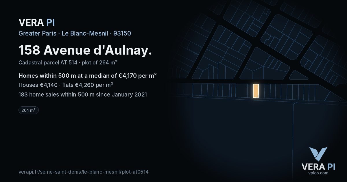 158 Avenue d'Aulnay, Le Blanc-Mesnil at night – the plot lit, the parcels around coloured by the prices near them