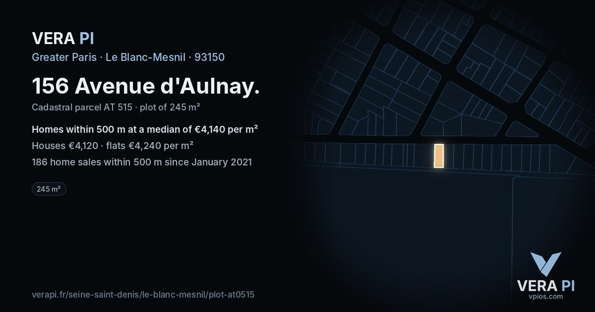 156 Avenue d'Aulnay, Le Blanc-Mesnil at night – the plot lit, the parcels around coloured by the prices near them