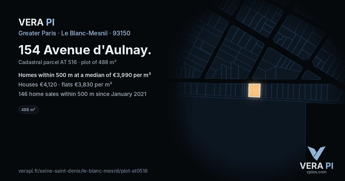 154 Avenue d'Aulnay, Le Blanc-Mesnil at night – the plot lit, the parcels around coloured by the prices near them