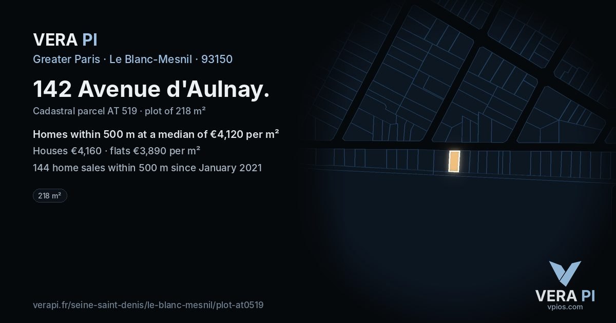 142 Avenue d'Aulnay, Le Blanc-Mesnil at night – the plot lit, the parcels around coloured by the prices near them