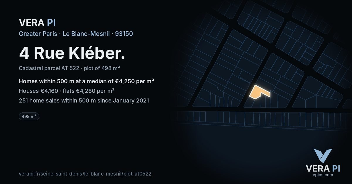 4 Rue Kléber, Le Blanc-Mesnil at night – the plot lit, the parcels around coloured by the prices near them