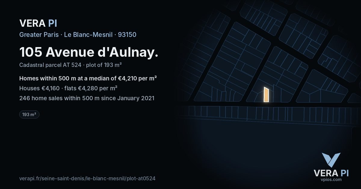 105 Avenue d'Aulnay, Le Blanc-Mesnil at night – the plot lit, the parcels around coloured by the prices near them