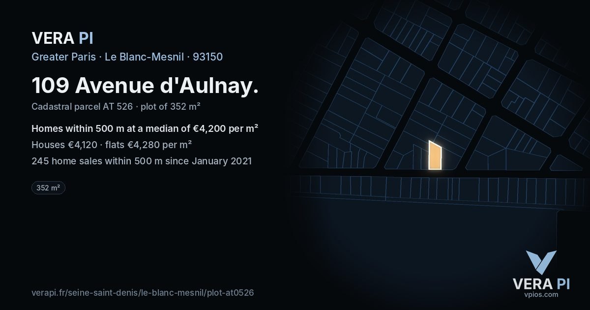 109 Avenue d'Aulnay, Le Blanc-Mesnil at night – the plot lit, the parcels around coloured by the prices near them