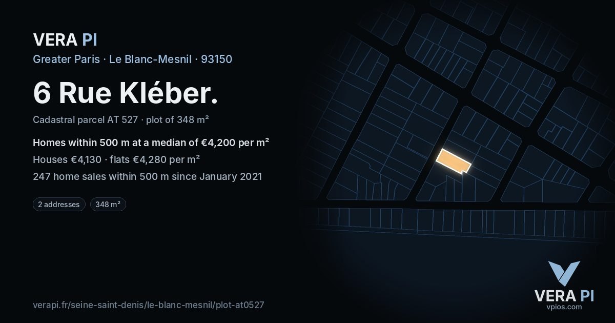 6 Rue Kléber, Le Blanc-Mesnil at night – the plot lit, the parcels around coloured by the prices near them