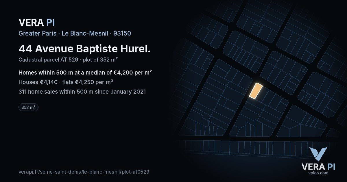 44 Avenue Baptiste Hurel, Le Blanc-Mesnil at night – the plot lit, the parcels around coloured by the prices near them