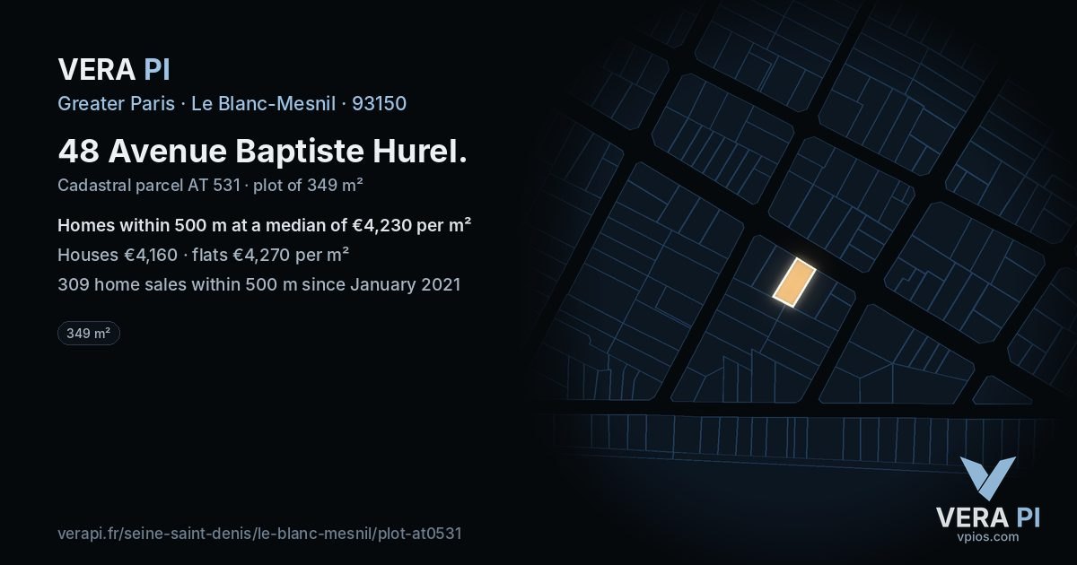 48 Avenue Baptiste Hurel, Le Blanc-Mesnil at night – the plot lit, the parcels around coloured by the prices near them
