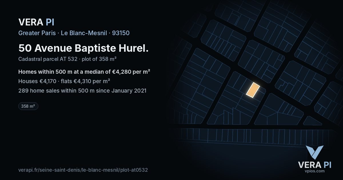 50 Avenue Baptiste Hurel, Le Blanc-Mesnil at night – the plot lit, the parcels around coloured by the prices near them