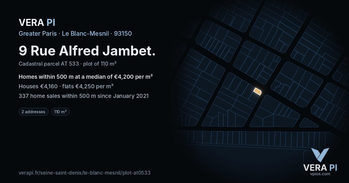 9 Rue Alfred Jambet, Le Blanc-Mesnil at night – the plot lit, the parcels around coloured by the prices near them