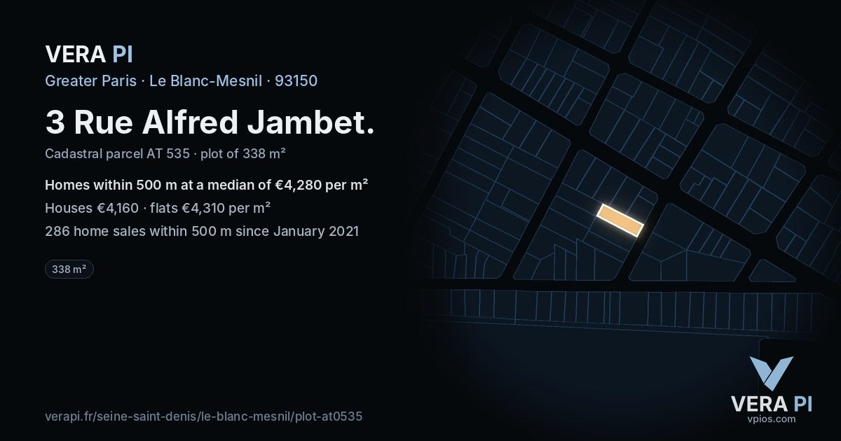 3 Rue Alfred Jambet, Le Blanc-Mesnil at night – the plot lit, the parcels around coloured by the prices near them