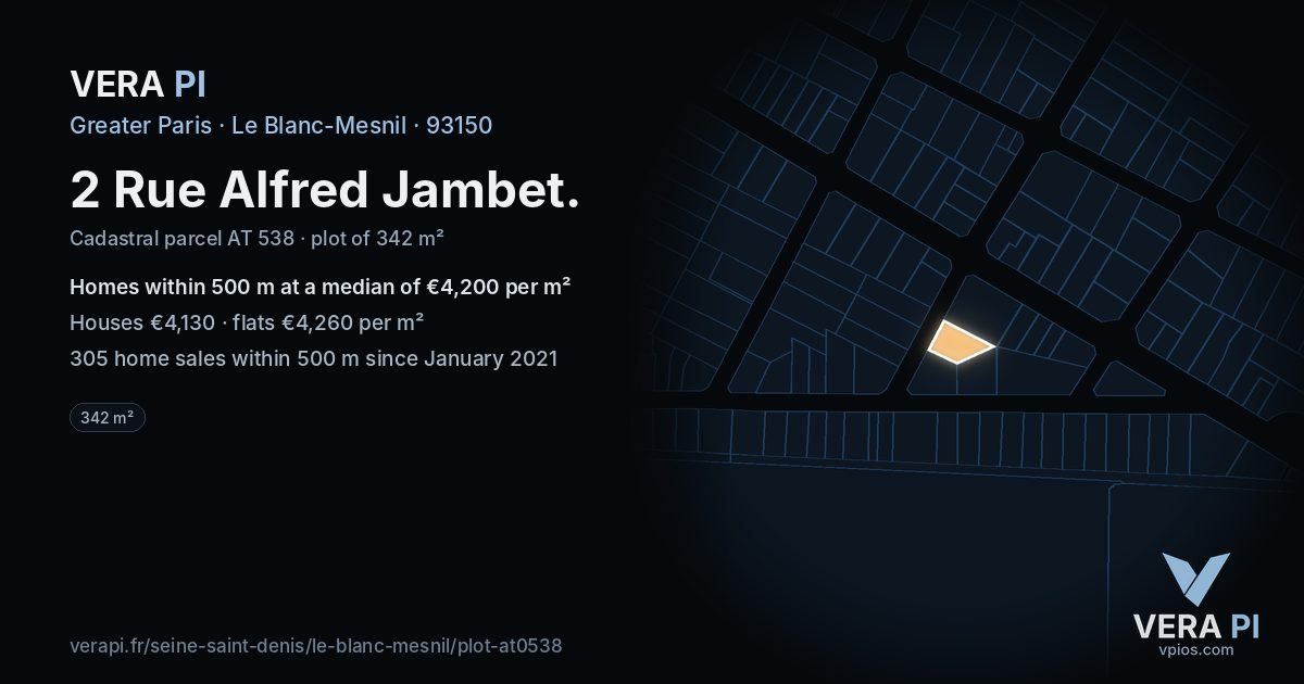 2 Rue Alfred Jambet, Le Blanc-Mesnil at night – the plot lit, the parcels around coloured by the prices near them
