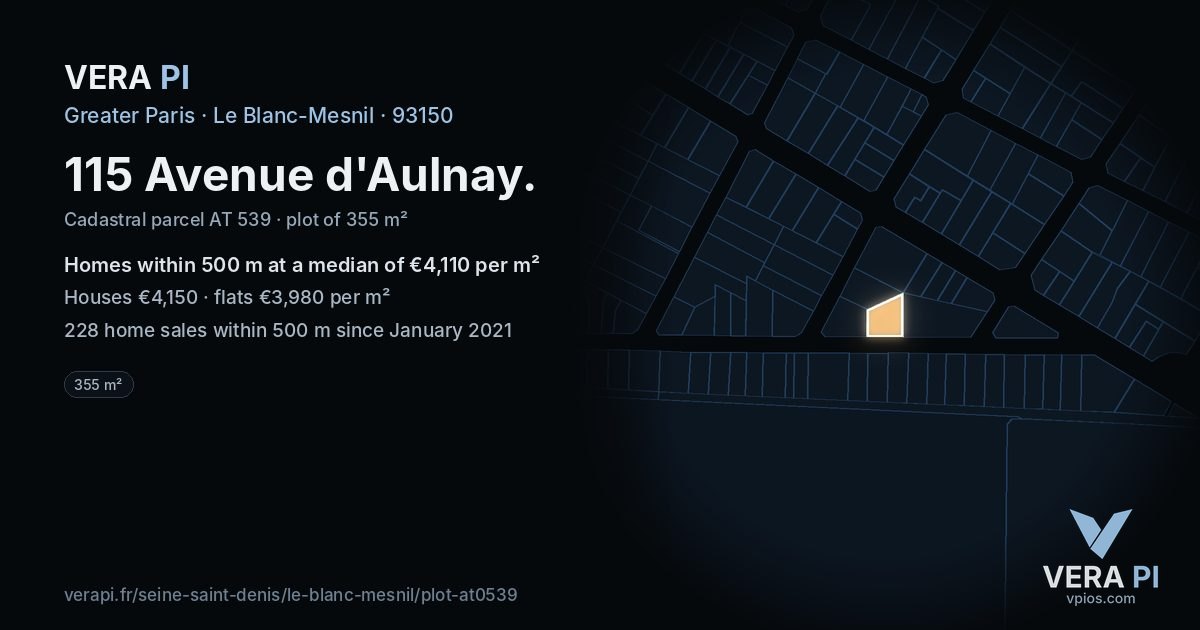 115 Avenue d'Aulnay, Le Blanc-Mesnil at night – the plot lit, the parcels around coloured by the prices near them