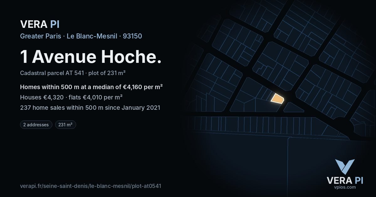 1 Avenue Hoche, Le Blanc-Mesnil at night – the plot lit, the parcels around coloured by the prices near them