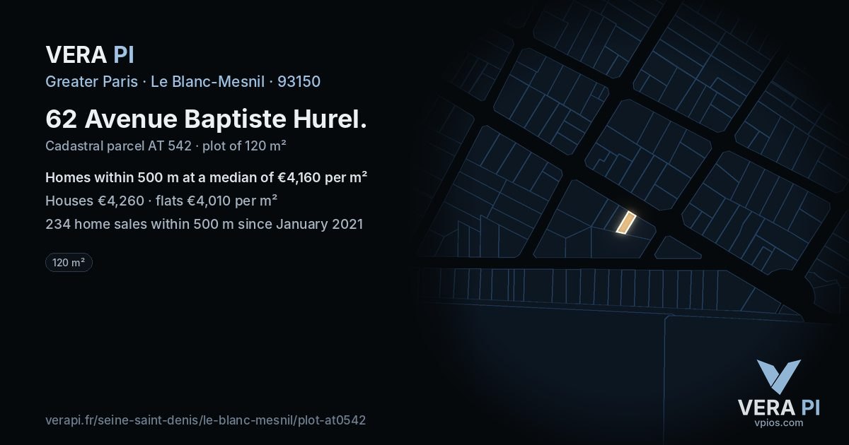 62 Avenue Baptiste Hurel, Le Blanc-Mesnil at night – the plot lit, the parcels around coloured by the prices near them