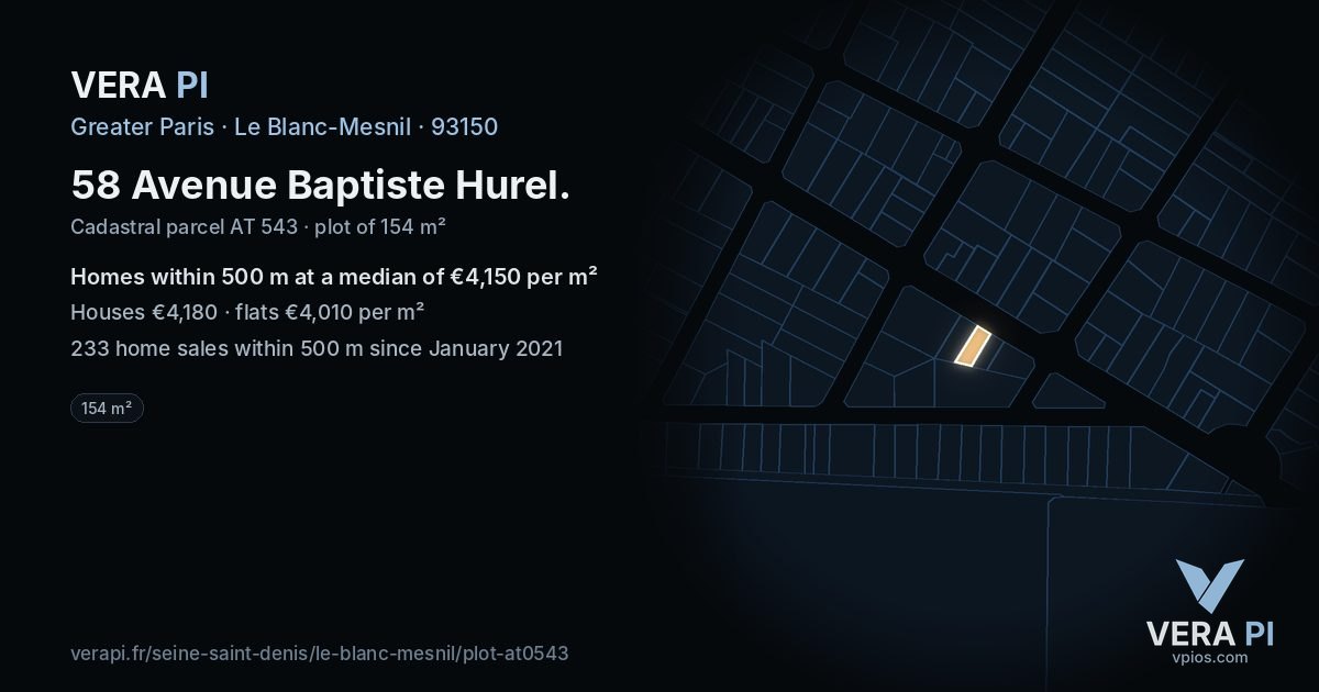 58 Avenue Baptiste Hurel, Le Blanc-Mesnil at night – the plot lit, the parcels around coloured by the prices near them