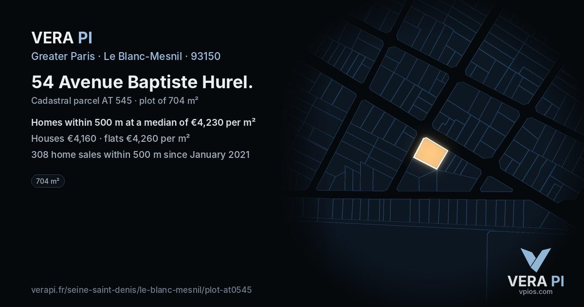 54 Avenue Baptiste Hurel, Le Blanc-Mesnil at night – the plot lit, the parcels around coloured by the prices near them
