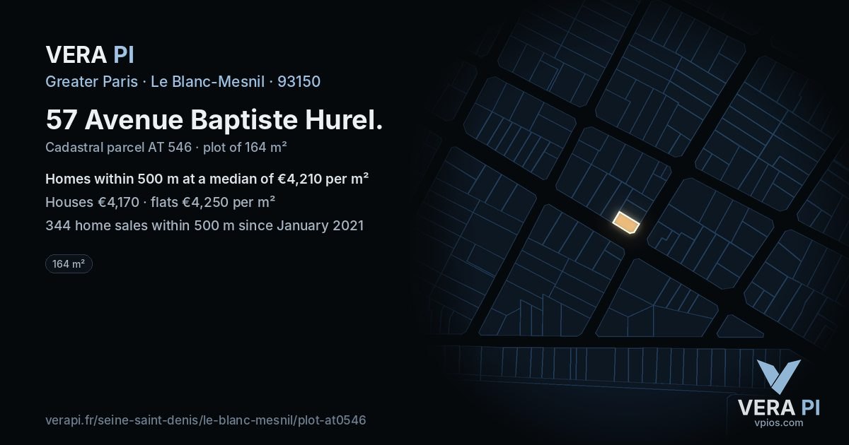 57 Avenue Baptiste Hurel, Le Blanc-Mesnil at night – the plot lit, the parcels around coloured by the prices near them