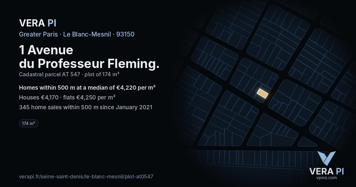 1 Avenue du Professeur Fleming, Le Blanc-Mesnil at night – the plot lit, the parcels around coloured by the prices near them