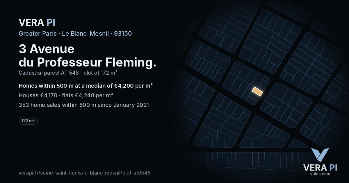 3 Avenue du Professeur Fleming, Le Blanc-Mesnil at night – the plot lit, the parcels around coloured by the prices near them