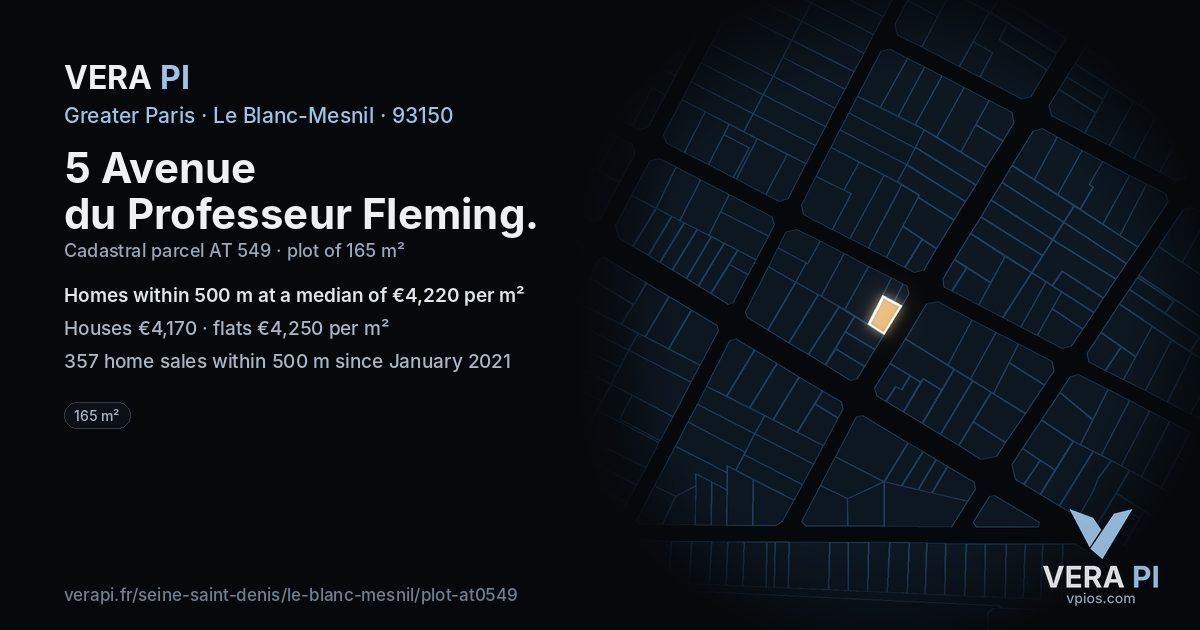 5 Avenue du Professeur Fleming, Le Blanc-Mesnil at night – the plot lit, the parcels around coloured by the prices near them
