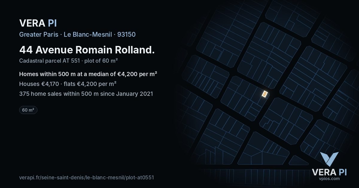 44 Avenue Romain Rolland, Le Blanc-Mesnil at night – the plot lit, the parcels around coloured by the prices near them