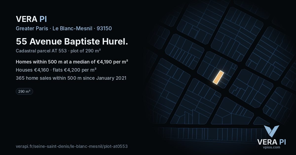 55 Avenue Baptiste Hurel, Le Blanc-Mesnil at night – the plot lit, the parcels around coloured by the prices near them