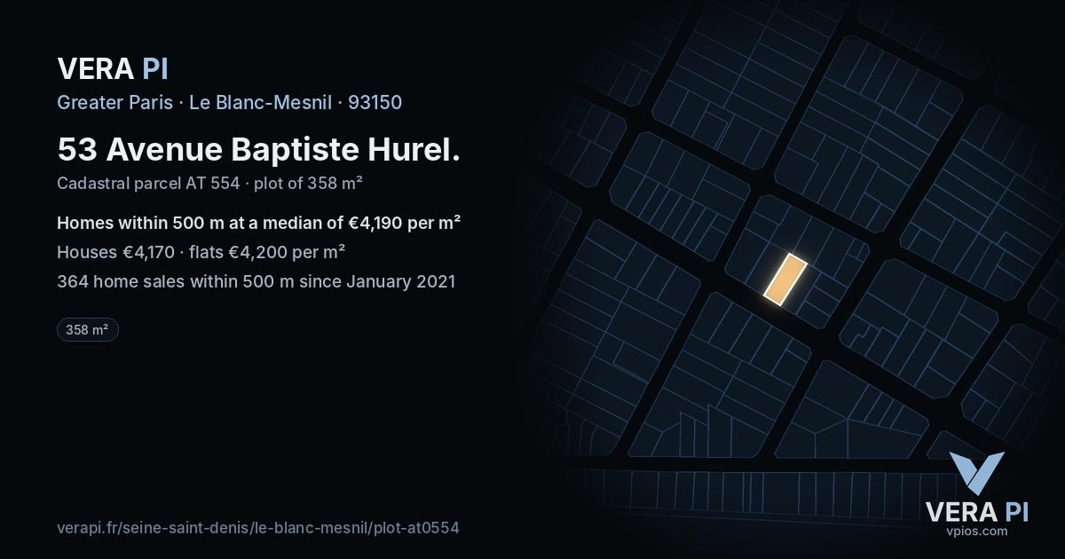 53 Avenue Baptiste Hurel, Le Blanc-Mesnil at night – the plot lit, the parcels around coloured by the prices near them
