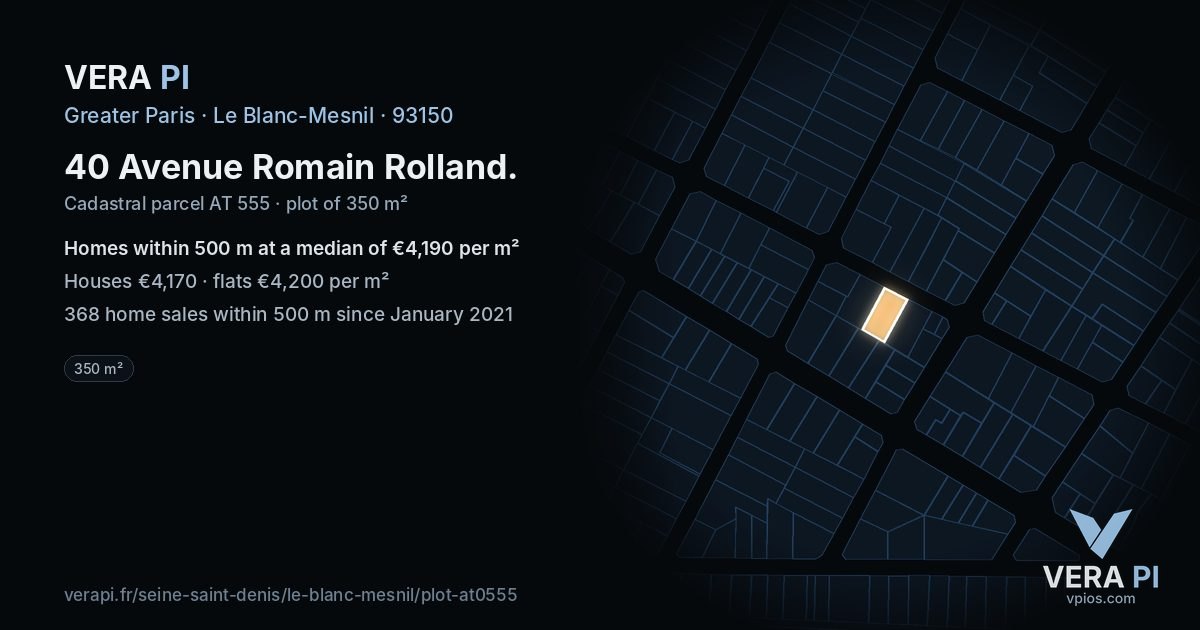 40 Avenue Romain Rolland, Le Blanc-Mesnil at night – the plot lit, the parcels around coloured by the prices near them