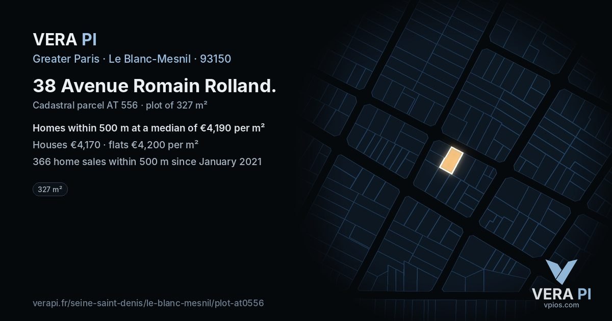 38 Avenue Romain Rolland, Le Blanc-Mesnil at night – the plot lit, the parcels around coloured by the prices near them