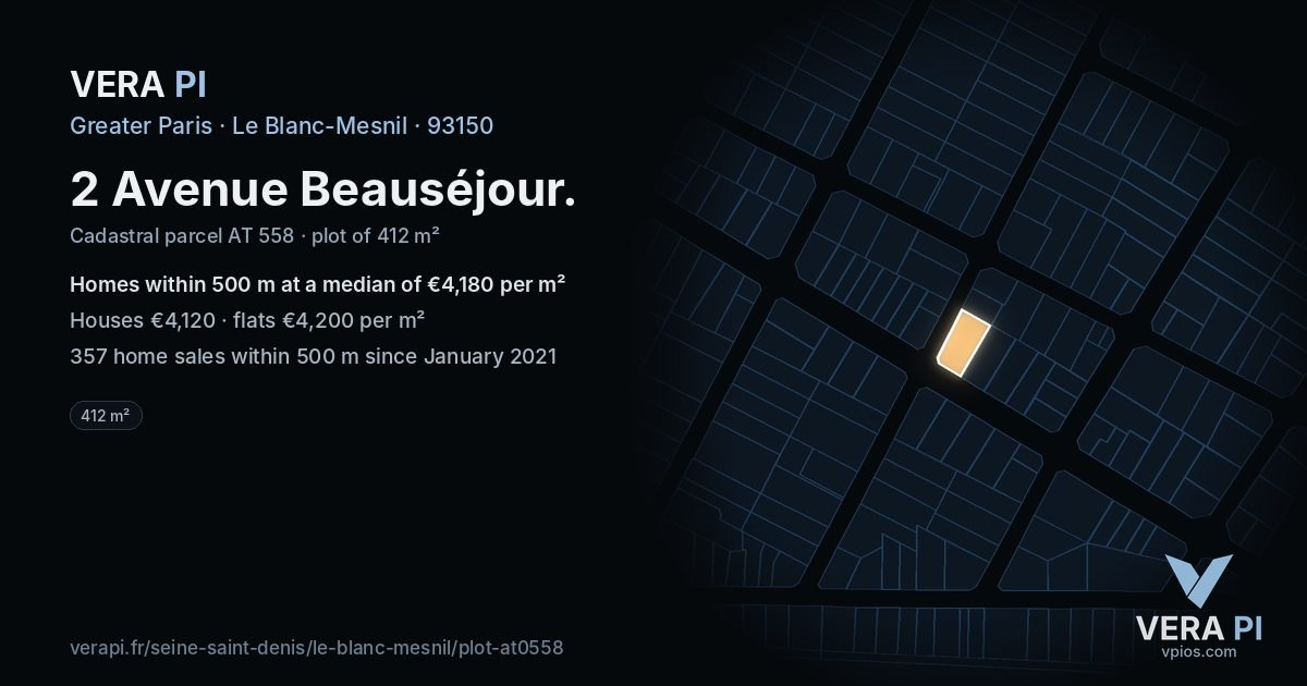 2 Avenue Beauséjour, Le Blanc-Mesnil at night – the plot lit, the parcels around coloured by the prices near them