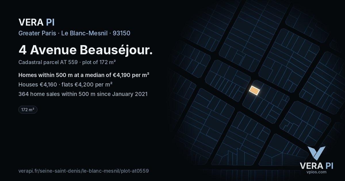 4 Avenue Beauséjour, Le Blanc-Mesnil at night – the plot lit, the parcels around coloured by the prices near them