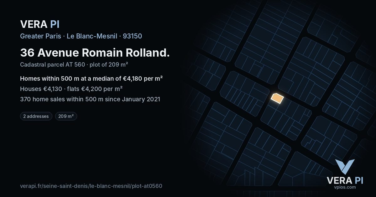 36 Avenue Romain Rolland, Le Blanc-Mesnil at night – the plot lit, the parcels around coloured by the prices near them