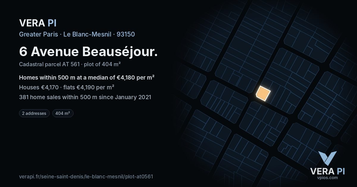 6 Avenue Beauséjour, Le Blanc-Mesnil at night – the plot lit, the parcels around coloured by the prices near them