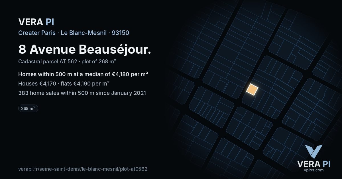 8 Avenue Beauséjour, Le Blanc-Mesnil at night – the plot lit, the parcels around coloured by the prices near them