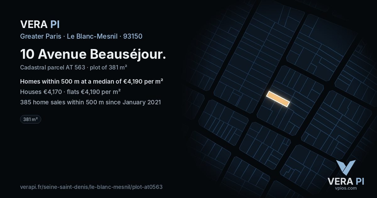 10 Avenue Beauséjour, Le Blanc-Mesnil at night – the plot lit, the parcels around coloured by the prices near them