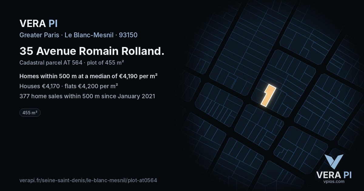 35 Avenue Romain Rolland, Le Blanc-Mesnil at night – the plot lit, the parcels around coloured by the prices near them