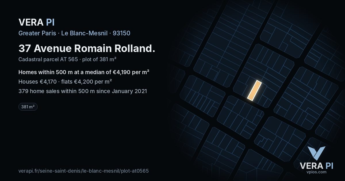 37 Avenue Romain Rolland, Le Blanc-Mesnil at night – the plot lit, the parcels around coloured by the prices near them