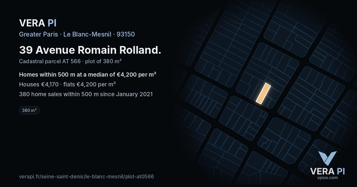 39 Avenue Romain Rolland, Le Blanc-Mesnil at night – the plot lit, the parcels around coloured by the prices near them