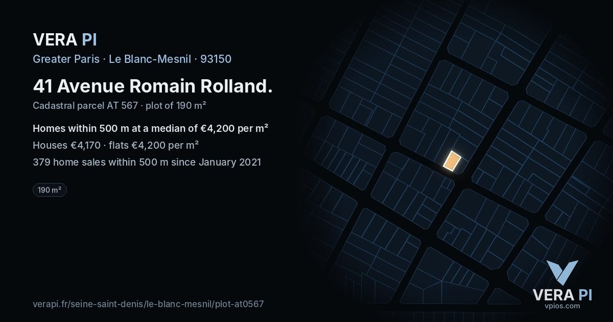 41 Avenue Romain Rolland, Le Blanc-Mesnil at night – the plot lit, the parcels around coloured by the prices near them